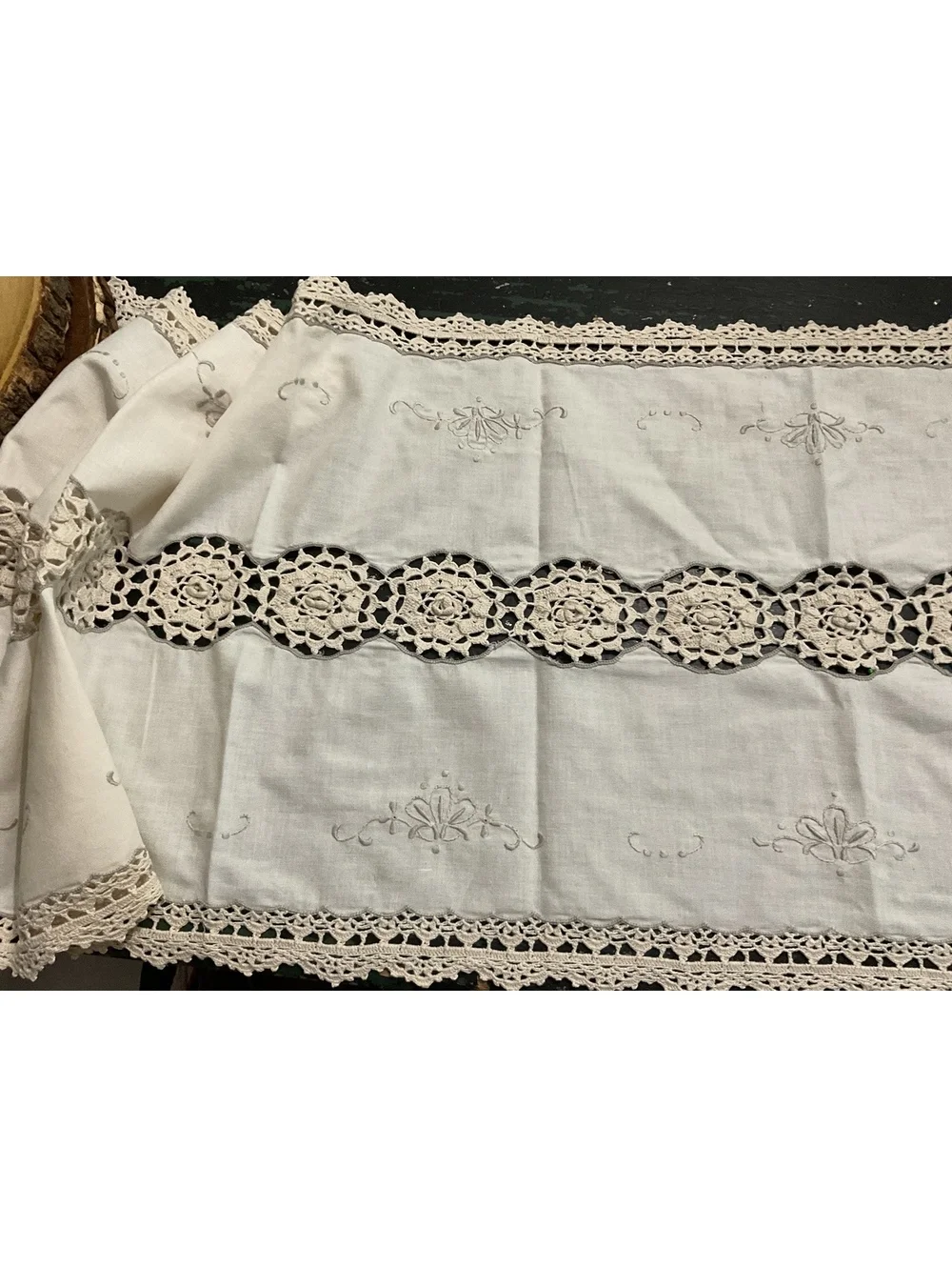 Handcrafted Embroidered Linen Table Runner with Crochet Lace 52” x 14 1/2”